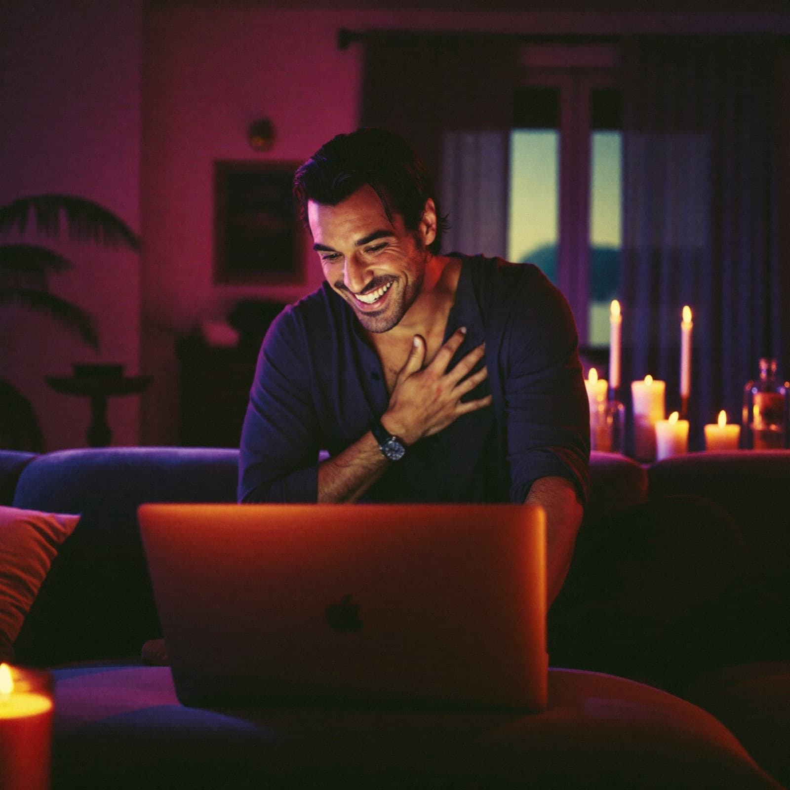 A man in a candlelit living room at dusk, hand on his heart, smiling at the warm glow of his laptop on a live evening call